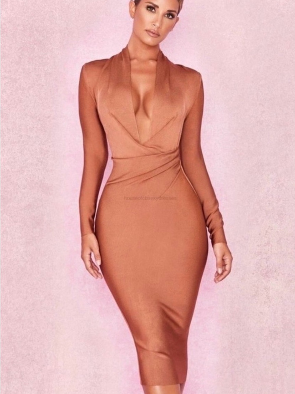 House of CB Camel Brown Long Sleeve Drape Maxi Dress